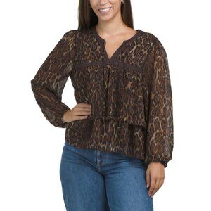 AUTRES FILLES Brown/black Yoryu Leopard Blouse With Lace Trim